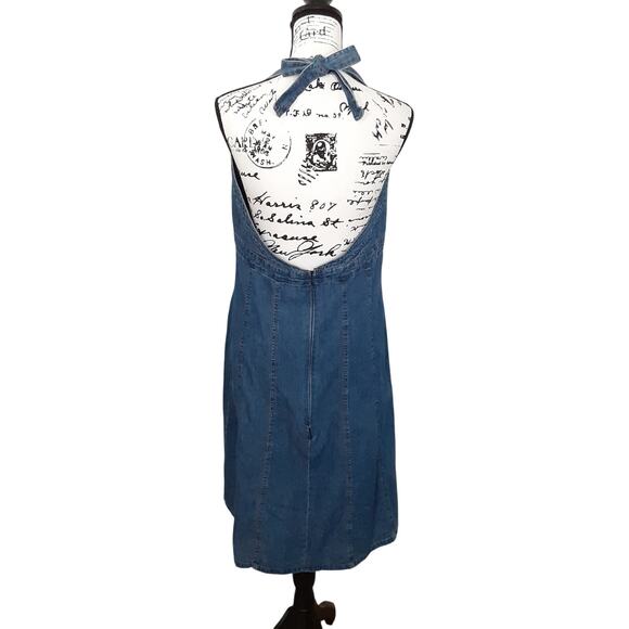 Vintage Y2K Denim Dress Halter Mini Sun Dress Med Wash Jean Dress Womens 16 - Picture 4 of 8